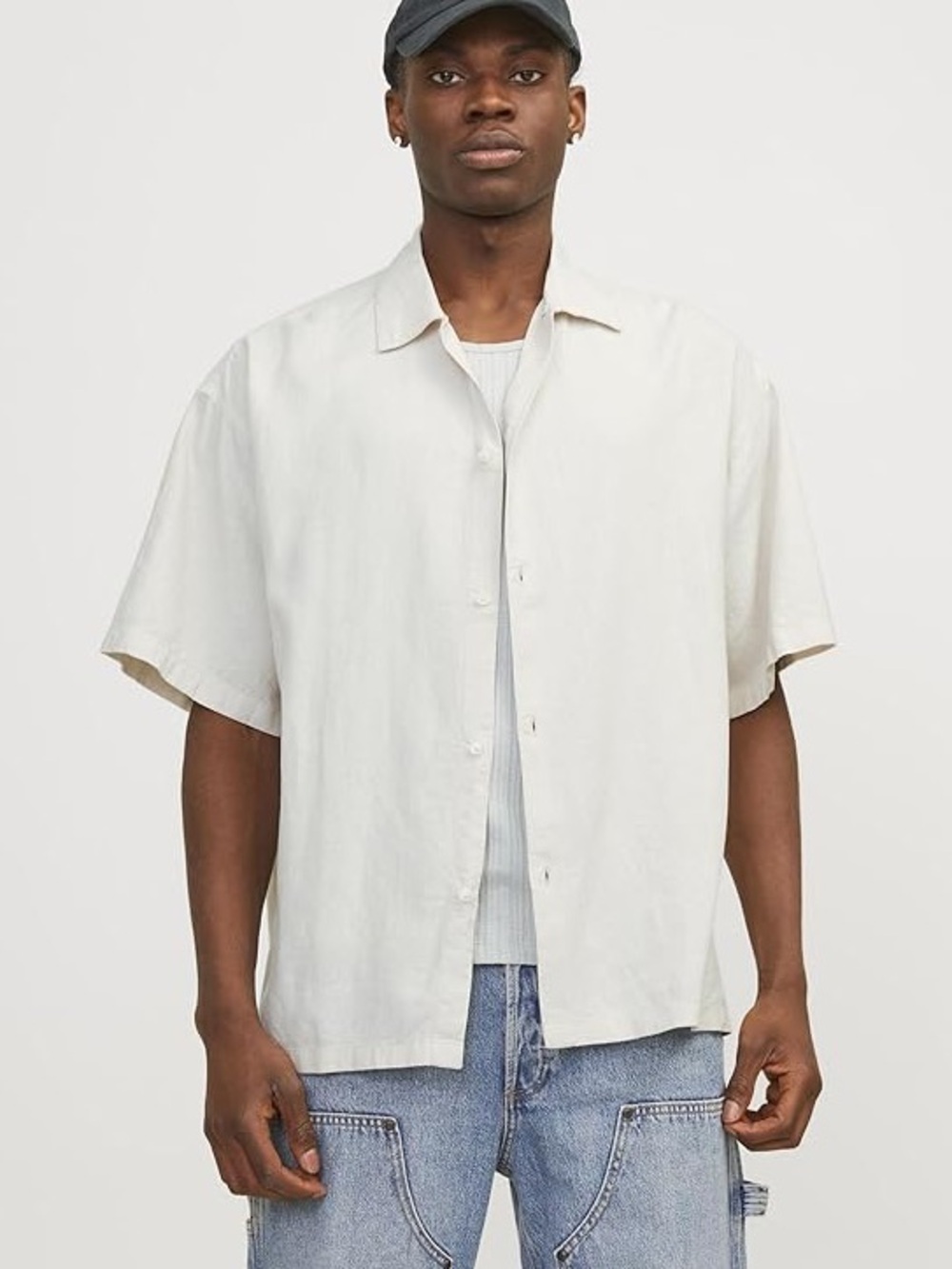 Jack & Jones (M) Jorfaro Linen Oversized Shirt Relaxed Fit Button-Down Cream